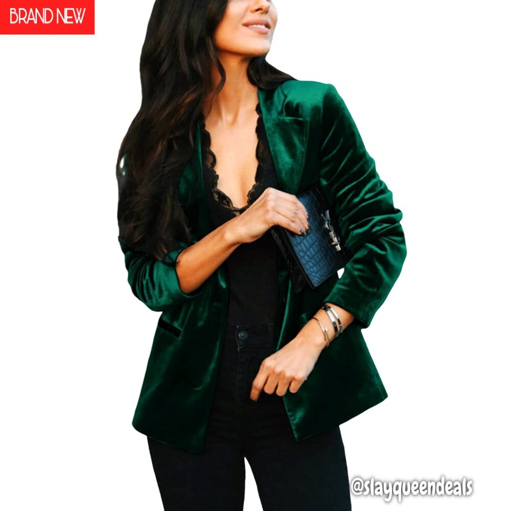 Women's Velvet Blazer With Pockets, Lapel, Button Closure, Long Sleeve